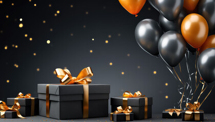 Black box with a gift and balloons for Black Friday