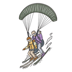 Pair paragliding with an instructor. Two persons flying paragliding. Seasonal extreme sports and outdoor activities, sports in the sky.