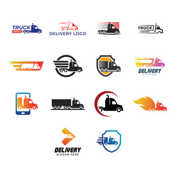 Express delivery trucks vector logo set. Fast shipment vans illustrations pack. Courier service transport design element. Distribution and logistic isolated cliparts collection