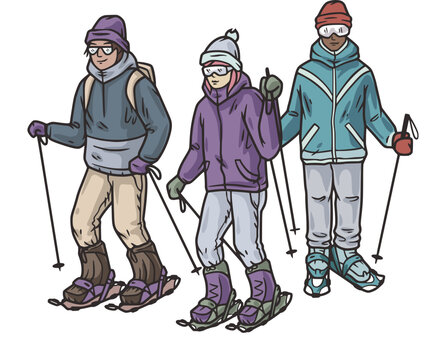 People in snowshoes on top of a snowy mountain. Snowshoeing in winter mountains. Sporty winter hiking or winter sport for ski resort.