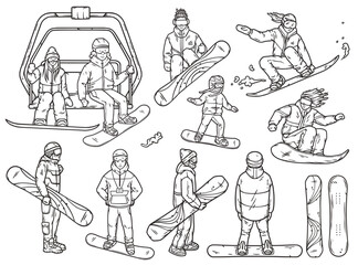 Group of people in various snowboarding poses, participating in exhilarating winter sport. Season activity and competitions. Dynamic winter action and outdoor fun. Snowboard elements for design