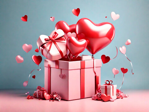 Valentine's day background with gift box and hearts. 3d rendering.IA generativa