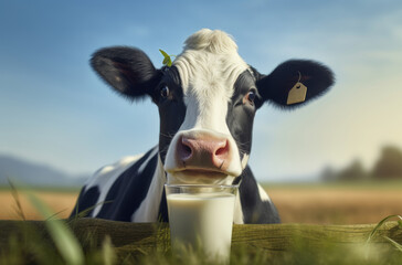 Farm-to-glass purity, A dairy cow and a glass of milk against the rural backdrop.