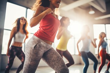 Joyful woman dancing in a fitness class with others - obrazy, fototapety, plakaty