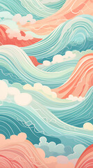 A charming pattern with whimsical and adorable waves, each represented with clean lines and a limited color palette created with Generative Ai