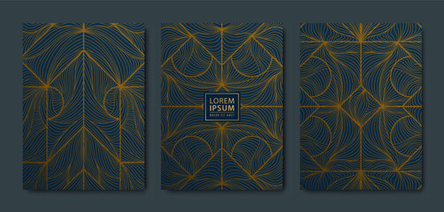 Vector set of art deco line covers, backgrounds, cards. Luxury premium design templates. Trendy geometric graphic poster, brochure, packaging, branding