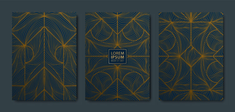 Vector set of art deco line covers, backgrounds, cards. Luxury premium design templates. Trendy geometric graphic poster, brochure, packaging, branding
