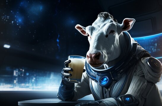 Astronaut cow sips milk in orbit, A lighthearted take on space exploration and dairy.