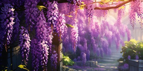 Wisteria Blooms  Enchanting Purple Delights, Generative AI