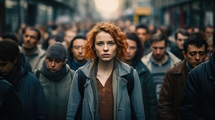 portrait of a young woman in a crowd of people