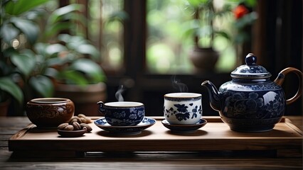 Chinese style, pouring tea, Tea, Ceramics, black walnut table