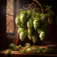 Beer brewing ingredients, hops, and wheat ears on a wooden cracked old table in front of hops plantation. Beer brewery concept. Wheat ears and hop cones in the linen sack in the foreground.