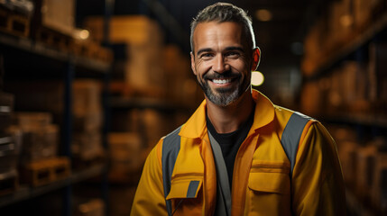 Positive adult male warehouse worker in overalls. Portrait of a loader or logistician job - obrazy, fototapety, plakaty