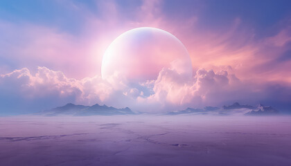 fantasy background with glowing neon pink ring and white cloud over water with abstract seascape - obrazy, fototapety, plakaty