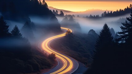 Car headlights and traffic lights on a winding road