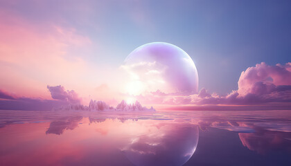 fantasy background with glowing neon pink ring and white cloud over water with abstract seascape