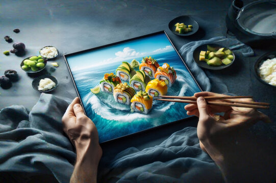 businessman holding tablet with social network icons and Fast food