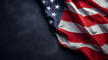Top view of a part of the usa flag on the right on a dark background with copy space - obrazy, fototapety, plakaty