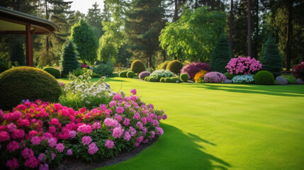 Fototapeta premium Landscape design with flower beds in home garden, beautiful landscaping in residential house backyard. Scenic view of beautiful landscaped garden, scenery of luxury backyard in summer. Nature theme.