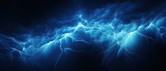 Blue Lightning strike on the dark cloudy sky landscape. AI generated image