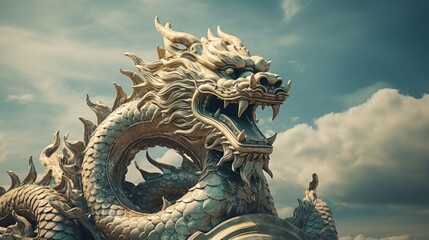 chinese dragon statue in temple - obrazy, fototapety, plakaty