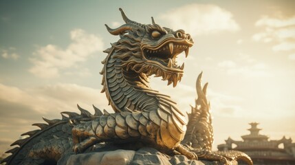 chinese dragon statue on the wall - obrazy, fototapety, plakaty