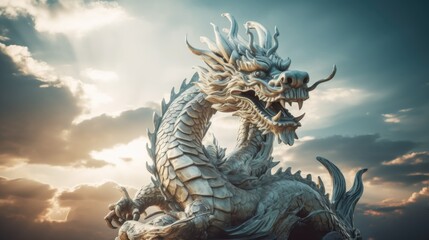 chinese dragon statue at night - obrazy, fototapety, plakaty