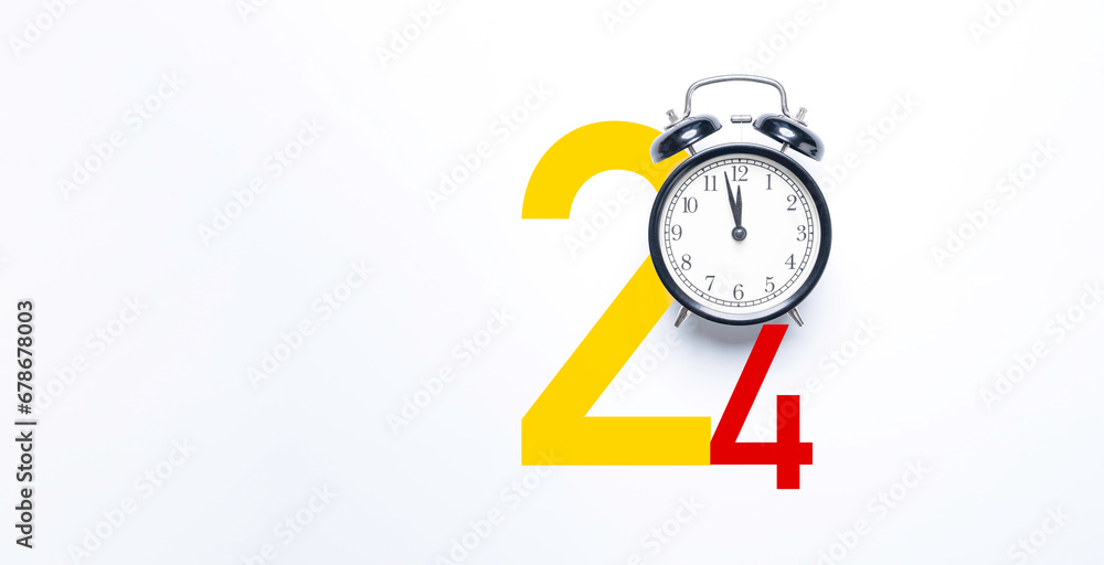 Poster 2024 year with alarm clock on white background for countdown and preparation of merry christmas and 