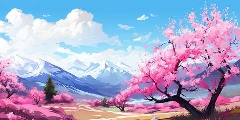 Idyllic Blossom Mountainscape, Generative AI