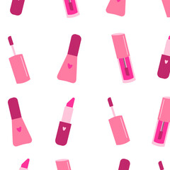 Cosmetic seamless pattern, seamles print with pink lipstick, nail polish on white background.