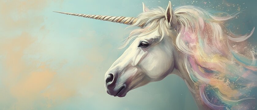 Naklejki Hand drawn unicorn on pastel color background. AI generated