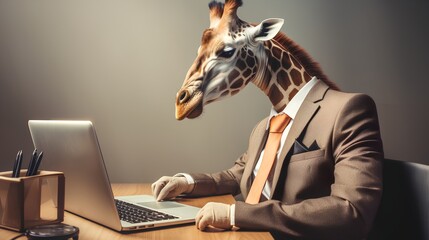 A whimsical depiction of a longnecked giraffe dressed in a formal business suit, sitting at a desk with a computer, humorously illustrating the concept of a sedentary office lifestyle. - obrazy, fototapety, plakaty