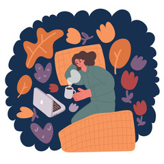 Cartoon vector illustration of Tired woman have day nap on sofa. Unmotivated female lying at home alone in living room, feels mental or physical exhaustion, looking melancholic. 