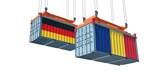 Cargo containers with Germany and Romania national flags. Isolated on white. 3D Rendering  - 678678862