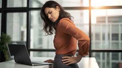 A professional businesswoman grimaces in discomfort, clutching her lower back with one hand while sitting at her office desk, illustrating the health issues associated with a sedentary work lifestyle.