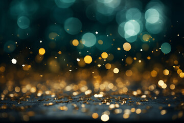 Abstract blur bokeh banner background. Green and gold bokeh. AI