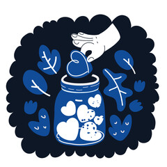 Cartoon vector illustration of hand putting red heart in glass jar. Charity and donation concept