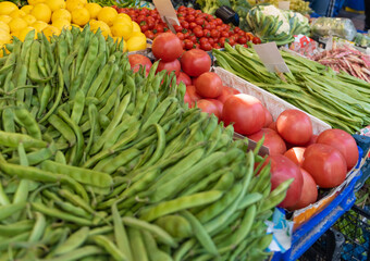 fruits and vegetables on a shopping table. Raw and healthy food from nature