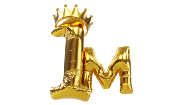 3D render of one millions text balloons with golden crown isolated on white background, success concept , One million achievement celebration