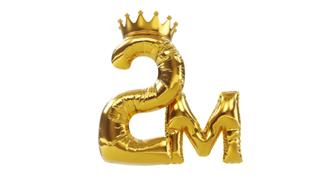 3D render of two millions text balloons with golden crown isolated on white background, success concept , two million achievement celebration