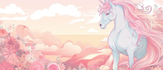 Hand drawn unicorn cartoon on pastel color background. AI generated