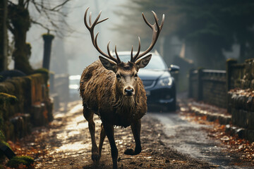 The car stopped because of a deer running onto the road. Deer Road Hazards, Wildlife and Transport. AI - obrazy, fototapety, plakaty