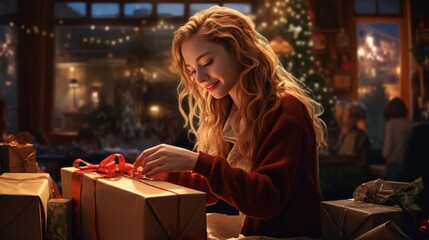 Obraz na płótnie Canvas Gift Wrapping Magic. Woman Preparing a Christmas Surprise