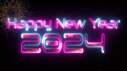 Glowing neon text icon happy new year 2024  with particle explosion animated video - Powered by Adobe