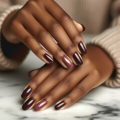 Black woman's manicured burgundy nails on marble. AI Generated. - obrazy, fototapety, plakaty