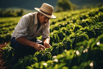 Farmer Inspecting Crops at Dusk

