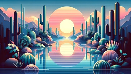 Digital Oasis - Sunrise Serenity - Flat Illustration - obrazy, fototapety, plakaty