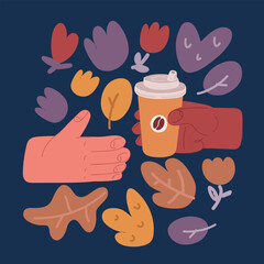 Cartoon vector illustration of Square mock up image of woman hand holding craft paper coffee cup with copy space isolated on white background in minimalism style. Template for feminine blog