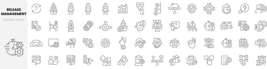 Set of linear release management icons. Thin outline icons pack. Vector illustration - obrazy, fototapety, plakaty