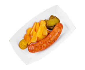 fried sausage with potatoes and mustard top view